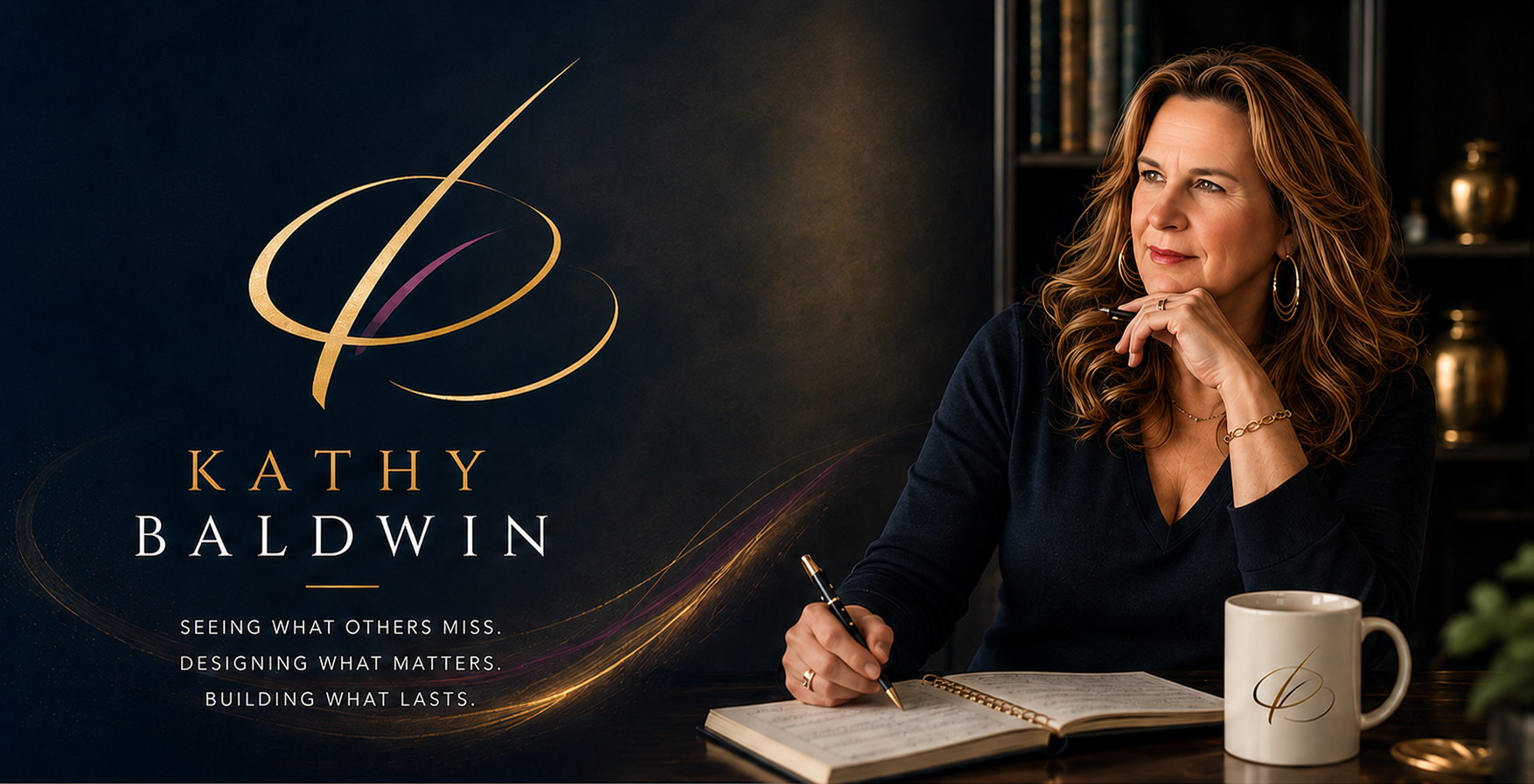 Kathy Baldwin seated at a desk in a dark editorial office beside her abstract gold and plum brand mark.