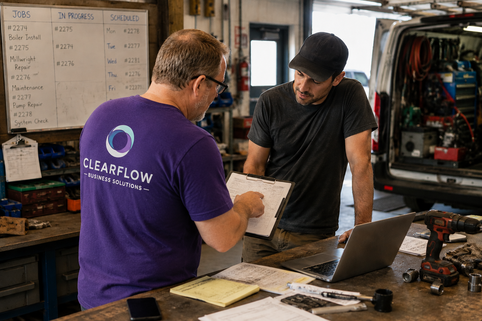 Rick Roy in a trades environment, consulting with a business owner