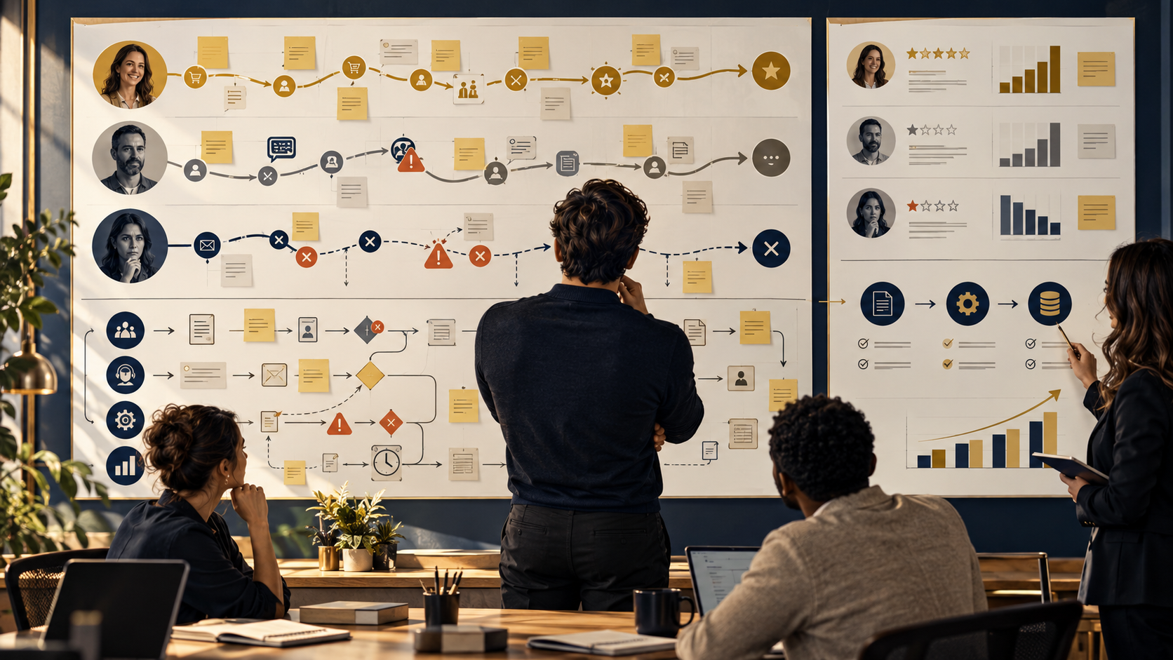 Business team reviewing customer journeys for successful, dissatisfied and lost clients alongside process maps, operational handoffs and improvement opportunities. Business team reviewing customer journeys for successful, dissatisfied and lost clients alongside process maps, operational handoffs and improvement opportunities.