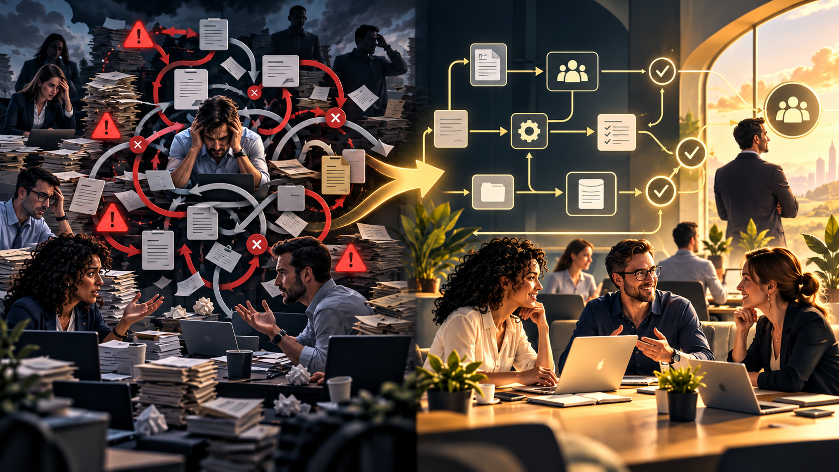 Side-by-side comparison of chaotic business processes with repeated errors and approvals versus streamlined workflows with clear decisions and collaborative teams. Side-by-side comparison of chaotic business processes with repeated errors and approvals versus streamlined workflows with clear decisions and collaborative teams.