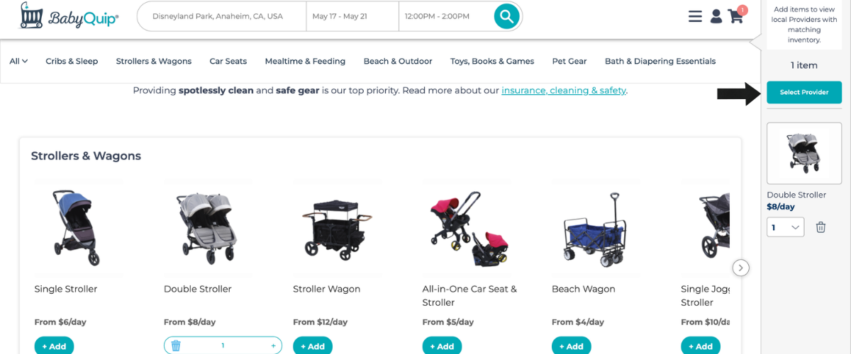 BabyQuip browse page filtered for Disneyland Park with a double stroller added to the cart at $8/day. A "Select Provider" button appears in the upper right corner of the cart sidebar. BabyQuip browse page filtered for Disneyland Park with a double stroller added to the cart at $8/day. A "Select Provider" button appears in the upper right corner of the cart sidebar.