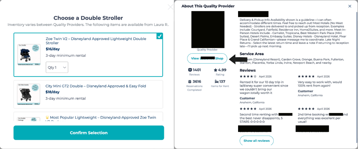 BabyQuip provider detail screen showing double stroller options from a local Quality Provider with a 4.99 rating and 1,401 reviews. Available strollers include the Zoe Twin V2 Disneyland Approved Lightweight Double Stroller at $16/day and the City Mini GT2 Double at $18/day. The provider profile shows their service area and recent five-star customer reviews. BabyQuip provider detail screen showing double stroller options from a local Quality Provider with a 4.99 rating and 1,401 reviews. Available strollers include the Zoe Twin V2 Disneyland Approved Lightweight Double Stroller at $16/day and the City Mini GT2 Double at $18/day. The provider profile shows their service area and recent five-star customer reviews.