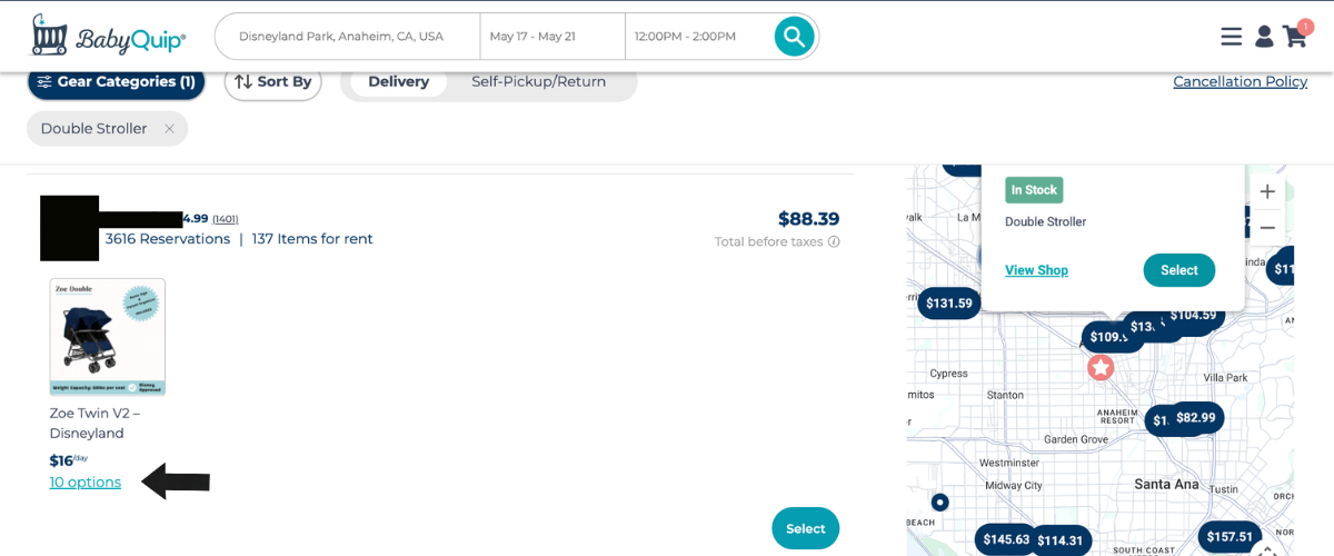BabyQuip provider selection map view showing double stroller options near Disneyland Resort. A provider listing shows the Zoe Twin V2 stroller at $16/day with 10 options available and a total of $88.39 before taxes. BabyQuip provider selection map view showing double stroller options near Disneyland Resort. A provider listing shows the Zoe Twin V2 stroller at $16/day with 10 options available and a total of $88.39 before taxes.