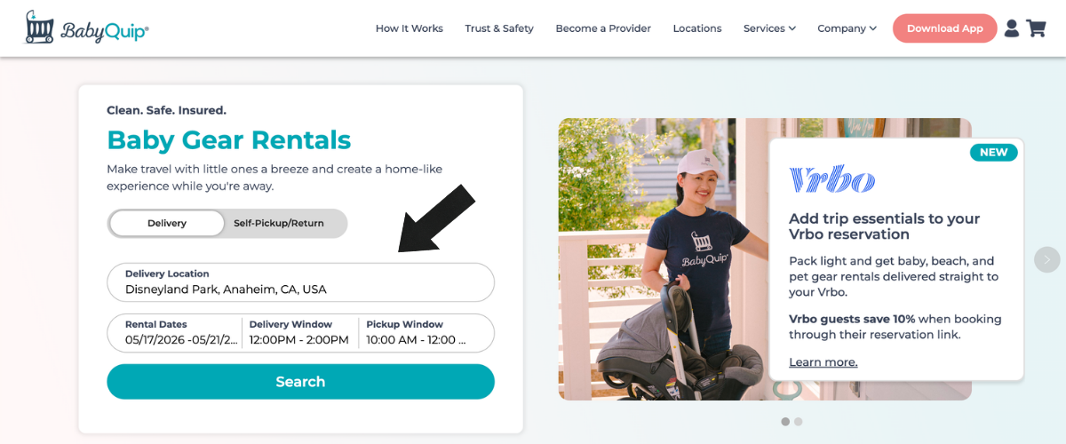 BabyQuip homepage showing a baby gear rental search form with delivery location set to Disneyland Park, Anaheim, CA, rental dates of May 17–21, and delivery and pickup windows selected. A BabyQuip provider is shown in the background with a stroller. BabyQuip homepage showing a baby gear rental search form with delivery location set to Disneyland Park, Anaheim, CA, rental dates of May 17–21, and delivery and pickup windows selected. A BabyQuip provider is shown in the background with a stroller.
