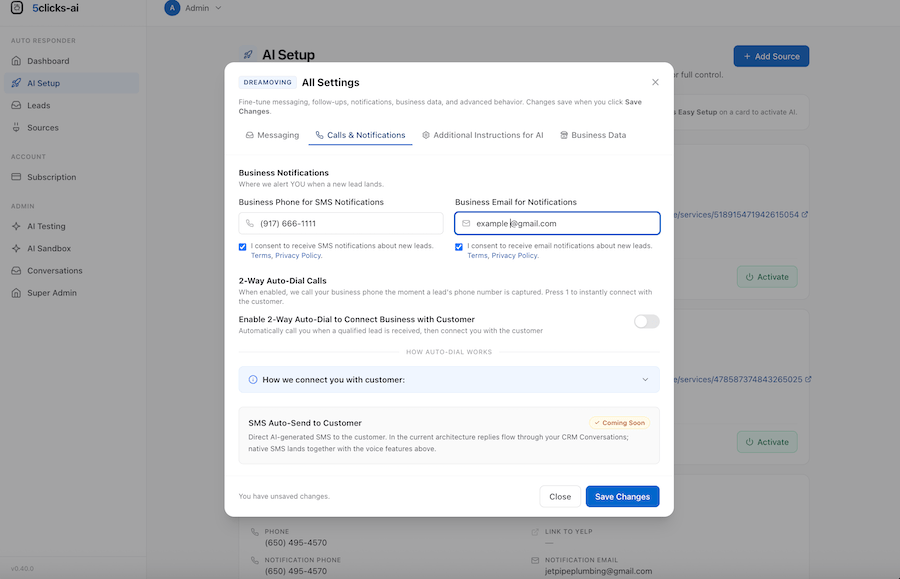 5clicks-ai Calls & Notifications settings with SMS consent checkbox