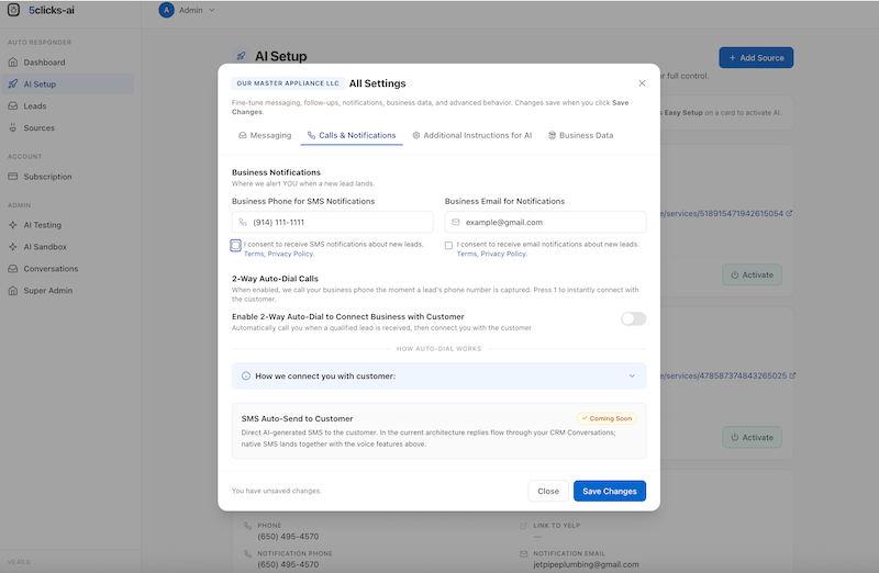 5clicks-ai in-app SMS opt-in: phone number field and consent checkbox