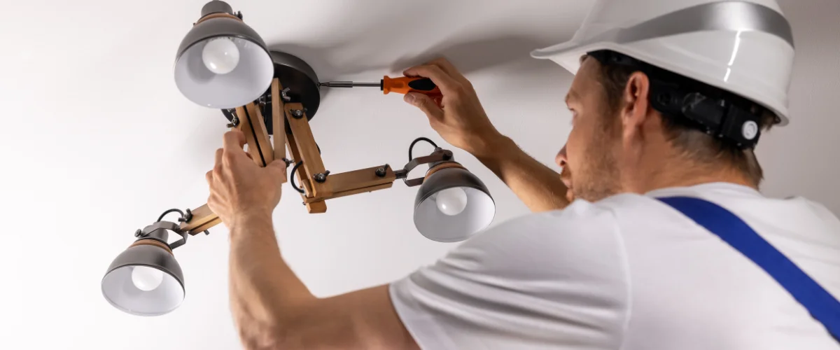 An electrician in a white hard hat installs a modern ceiling light fixture with wooden and metal adjustable arms. An electrician in a white hard hat installs a modern ceiling light fixture with wooden and metal adjustable arms.