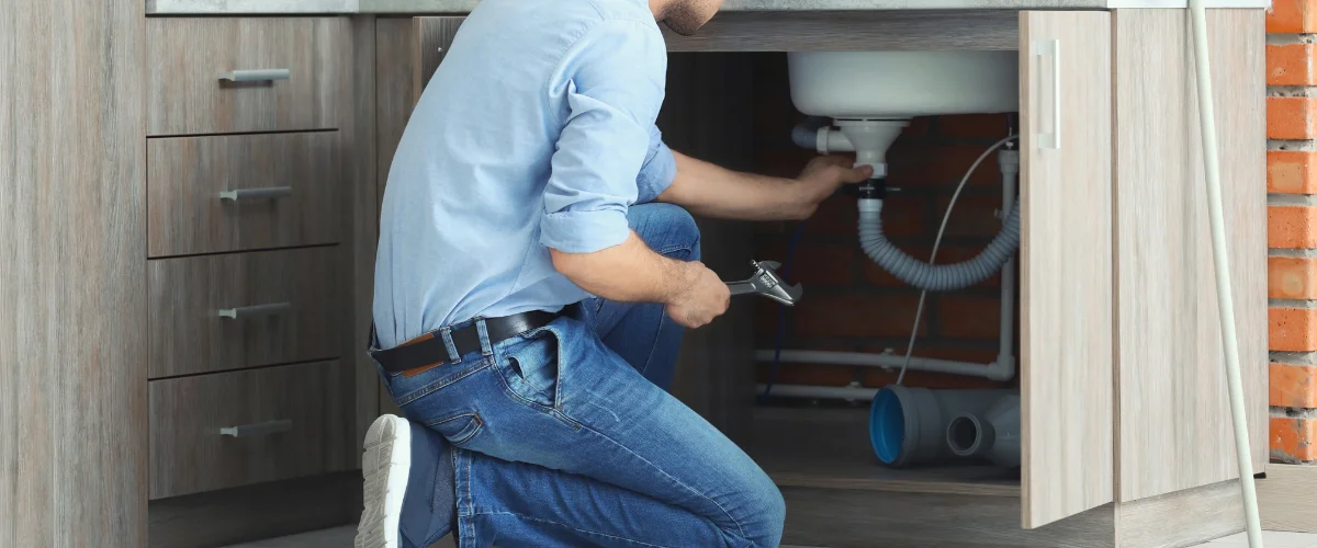 A man in a blue shirt and jeans kneels, using a wrench to fix the plumbing pipes under a kitchen sink. A man in a blue shirt and jeans kneels, using a wrench to fix the plumbing pipes under a kitchen sink.