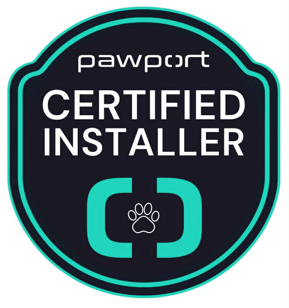 A dark blue Pawport Certified Installer badge with white and teal text, featuring a paw print icon.
