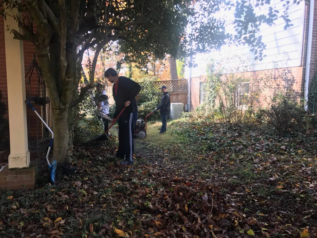 HomeWork 4 Heroes volunteer clearing leaves with a leaf blower during a yard cleanup project