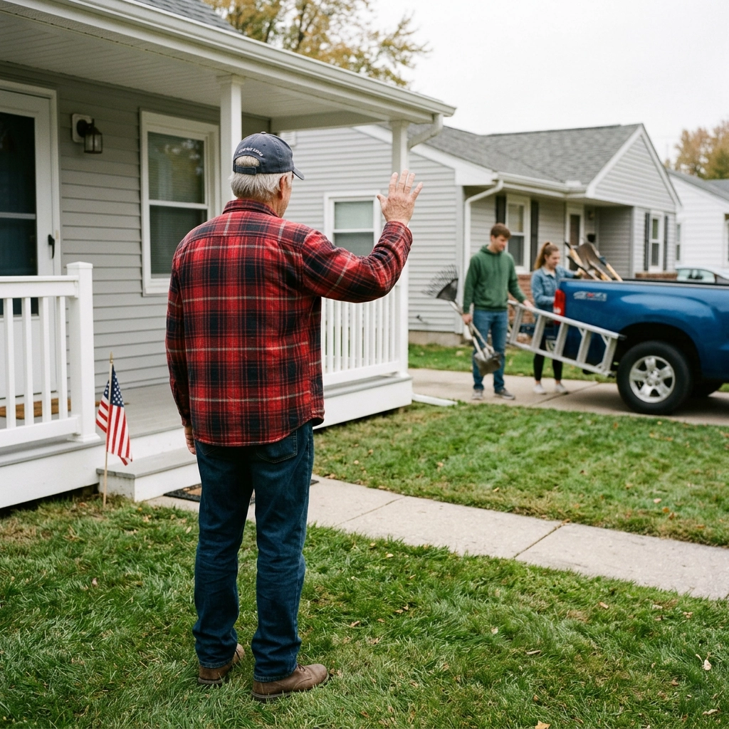 Veteran waving to volunteers loading tools into a truck outside his freshly maintained home