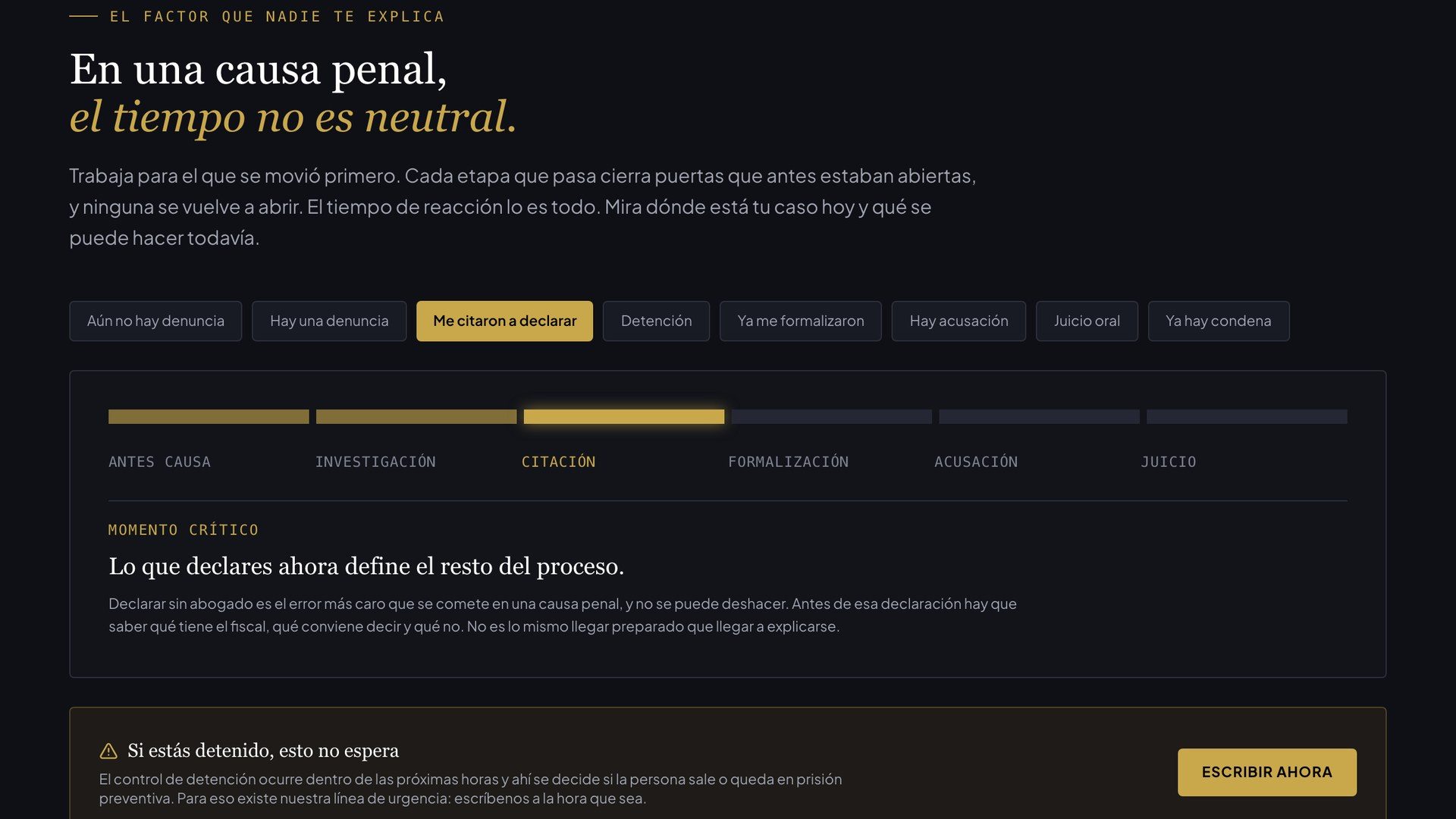 Selector de etapas del sitio de Santander Gamboa, con la etapa 'me citaron a declarar' seleccionada.