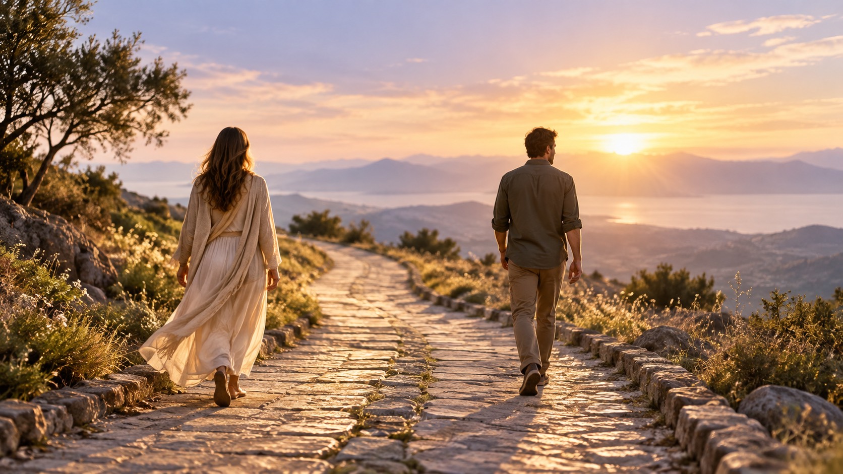 Two people walking the same path separately at sunset, representing personal growth and different journeys within a relationship.