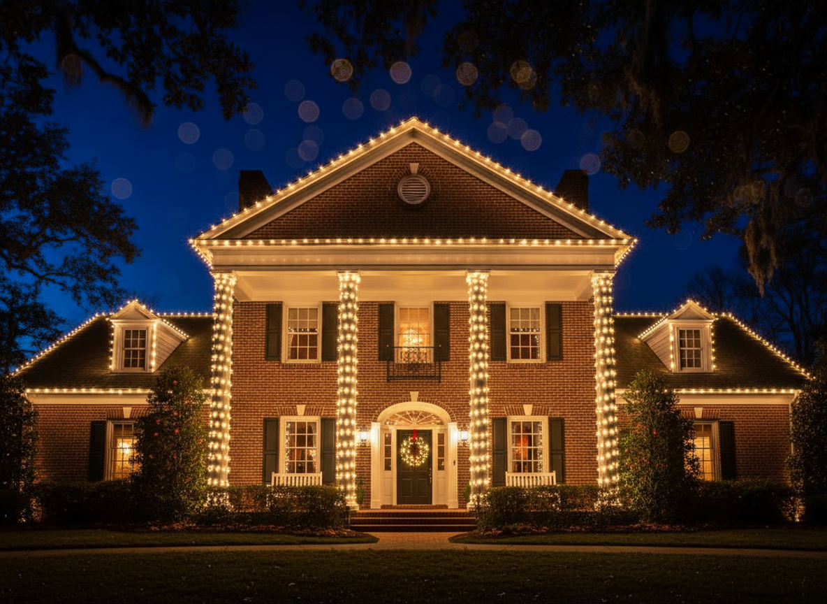Custom holiday light installation on a colonial brick home with column and roofline lighting