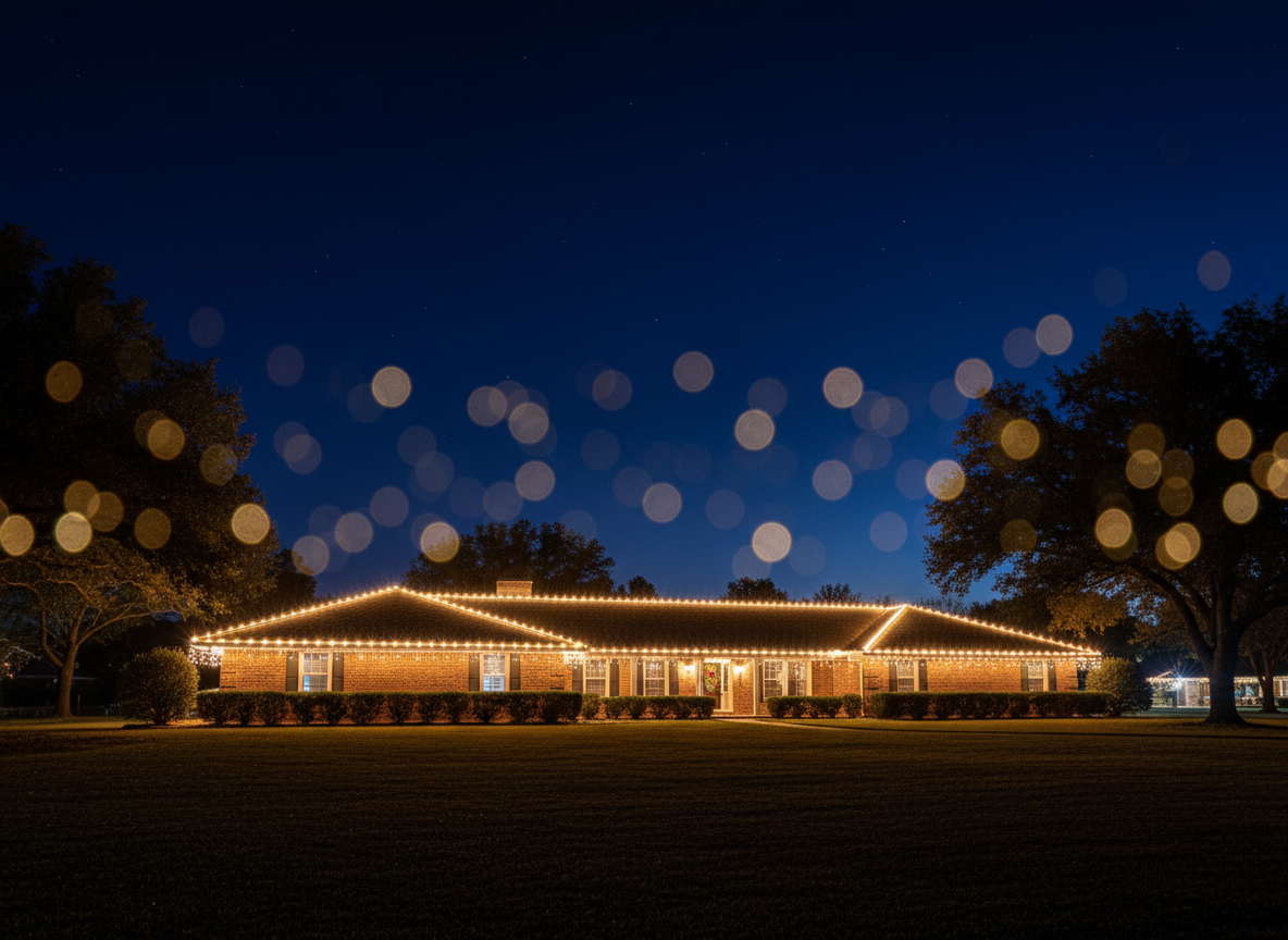 Warm-white LED holiday lights professionally installed along the roofline of a brick home in Chattanooga, TN