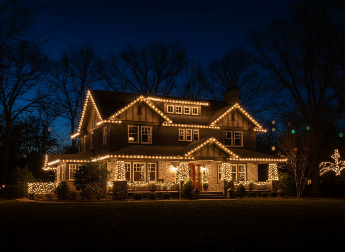 Professional holiday lighting on a two-story craftsman home with roofline and peak illumination