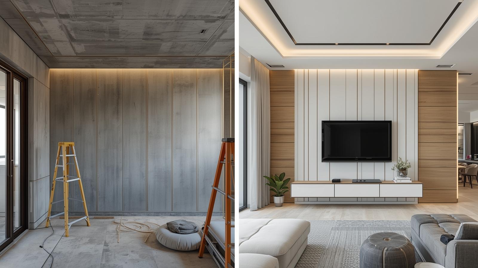 Commercial drywall feature wall before and after