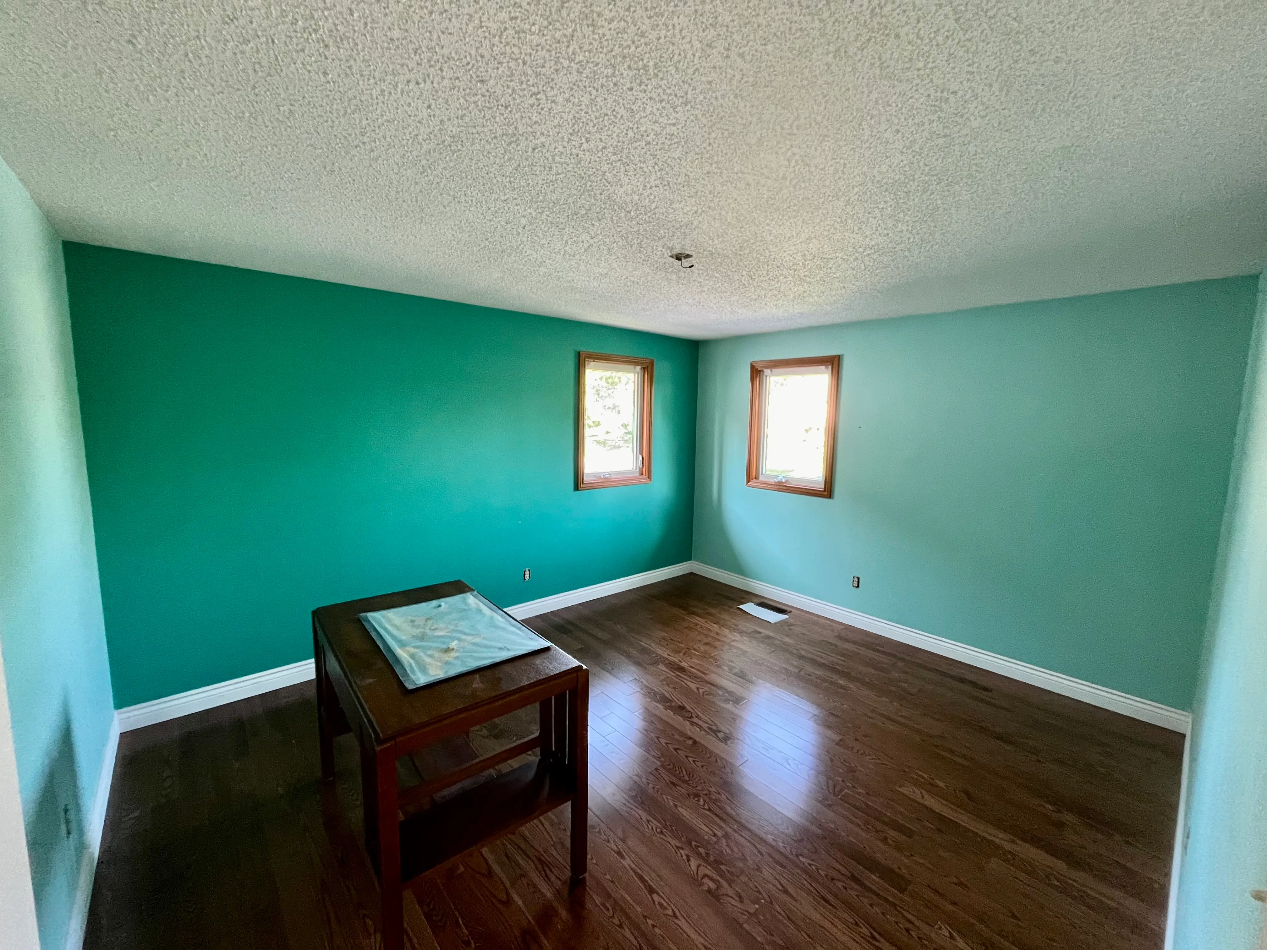Popcorn ceiling before removal — room 2
