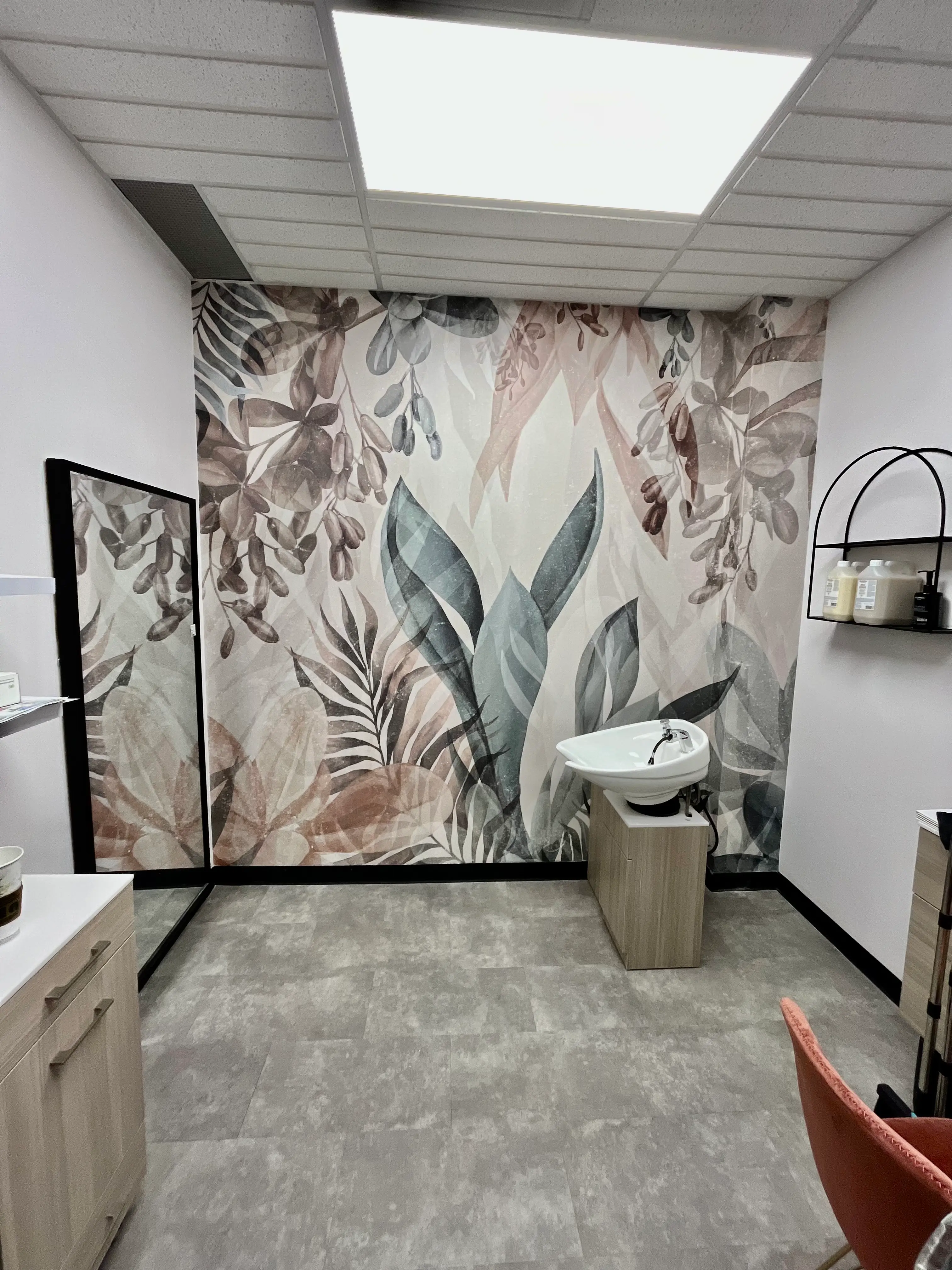Salon wallpaper installation by Altona Painting in Whitby, Ontario