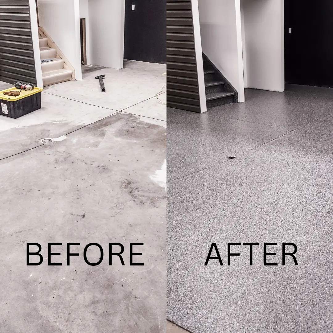 Before and after epoxy basement floor coating Durham Region