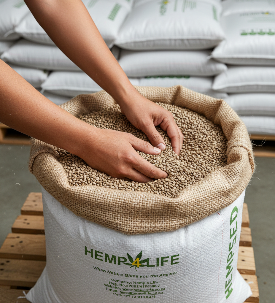 Hemp seeds in branded bag