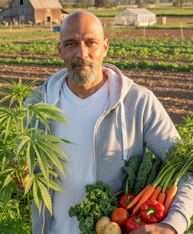 Ben Sassman with produce and hemp