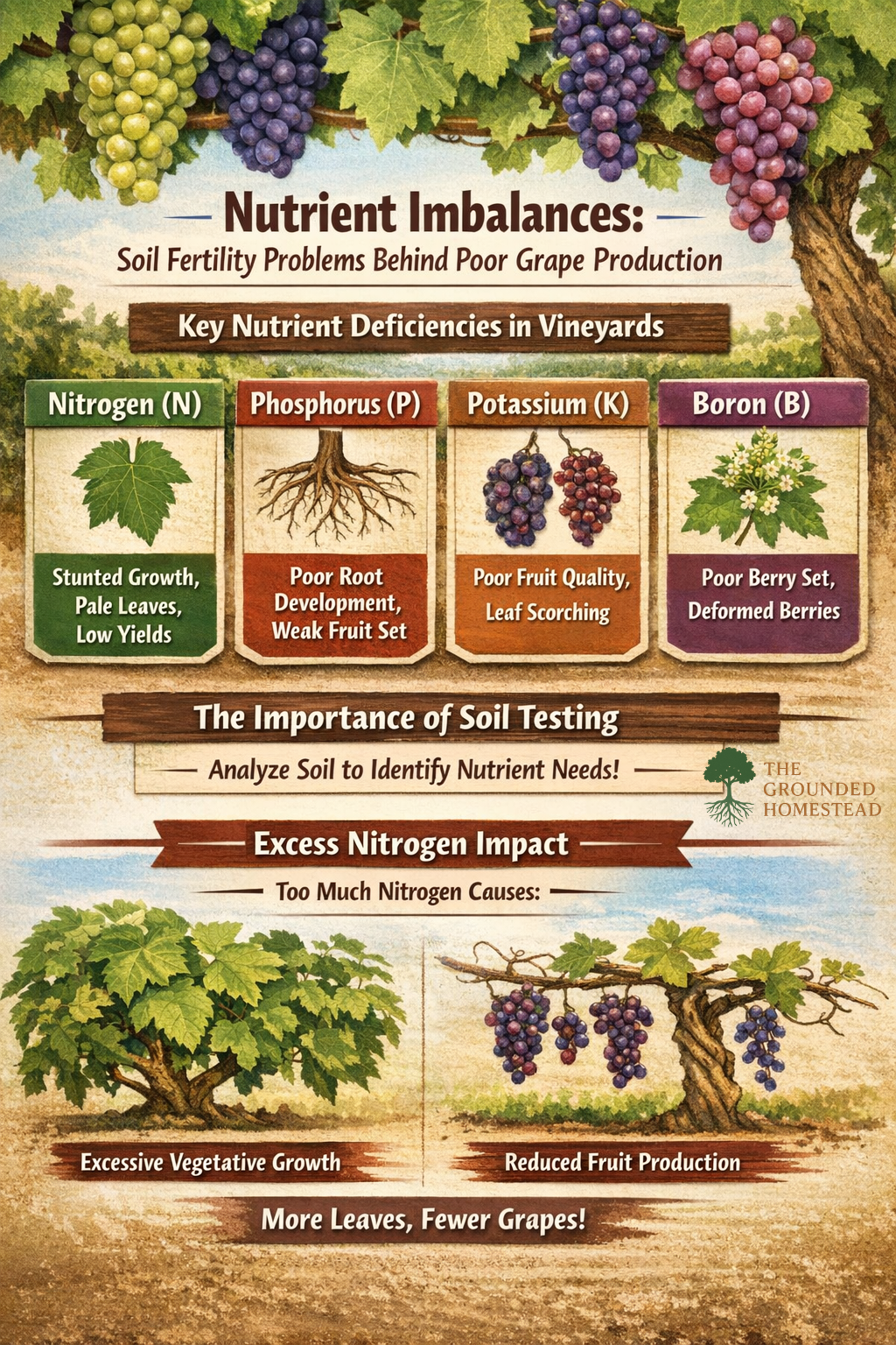 Infographic showing nutrient imbalances in grapevines, including nitrogen excess, phosphorus deficiency, potassium deficiency, and boron deficiency, with soil testing importance and effects on grape production and fruit set.