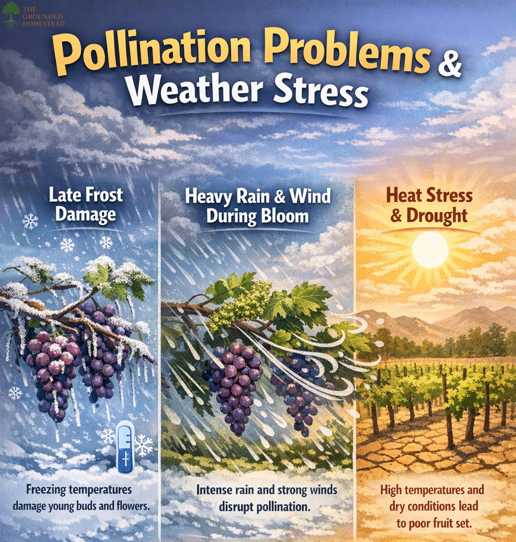 Infographic explaining how late frost damage, heavy rain and wind during bloom, and heat and drought stress cause poor fruit set, pollination failure, and reduced grape production in vineyards.