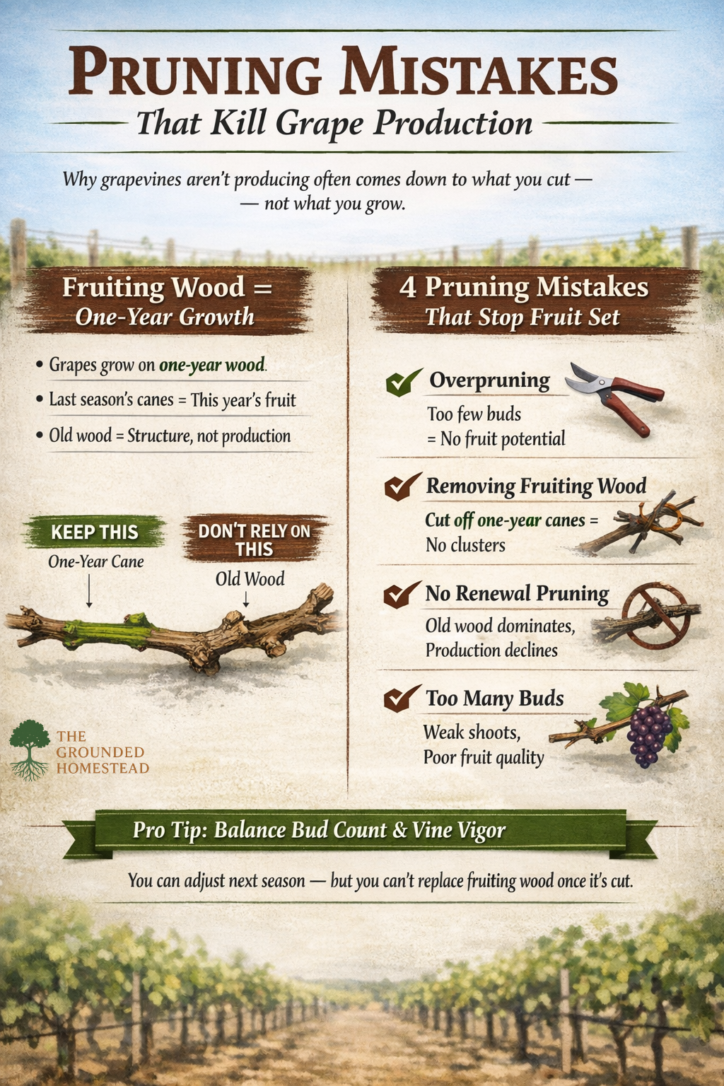 Infographic illustrating grapevine pruning mistakes, including overpruning, removing fruiting wood, poor renewal pruning, and incorrect bud count, with diagram showing one-year wood needed for grape production.