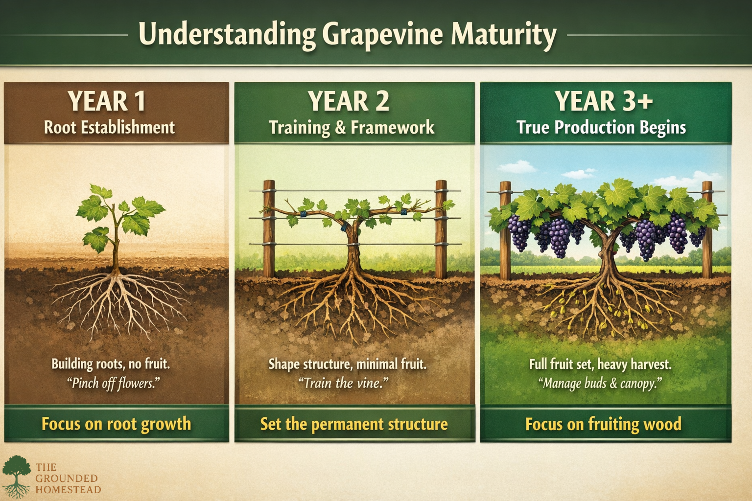 Infographic showing grapevine maturity stages from year one root establishment to year three fruit production, explaining training systems and when grape vines begin producing fruit.