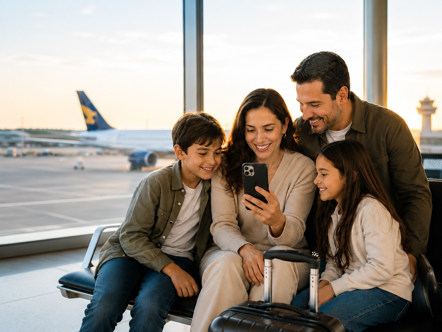 Familia feliz preparada para viajar a Estados Unidos