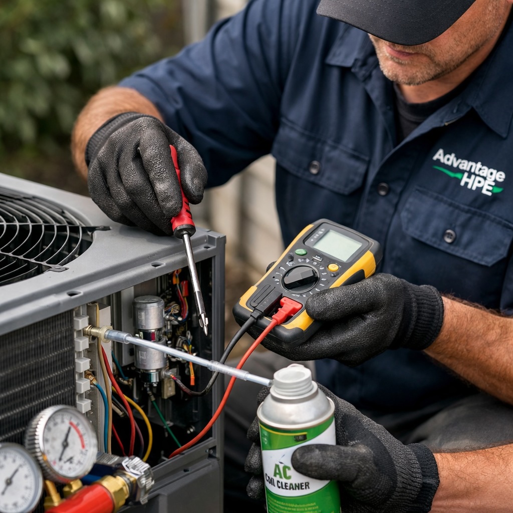 Advantage HVAC, Plumbing, and Electrical technician performing spring maintenance on an hvac system Advantage HVAC, Plumbing, and Electrical technician performing spring maintenance on an hvac system