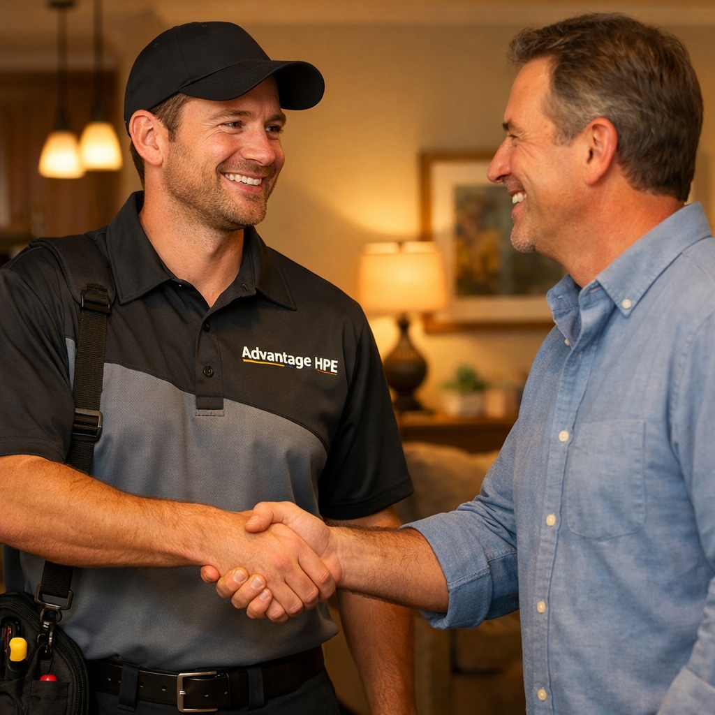 Advantage HPE technician meeting with a Freeport homeowner to discuss HVAC, plumbing, and electrical services 