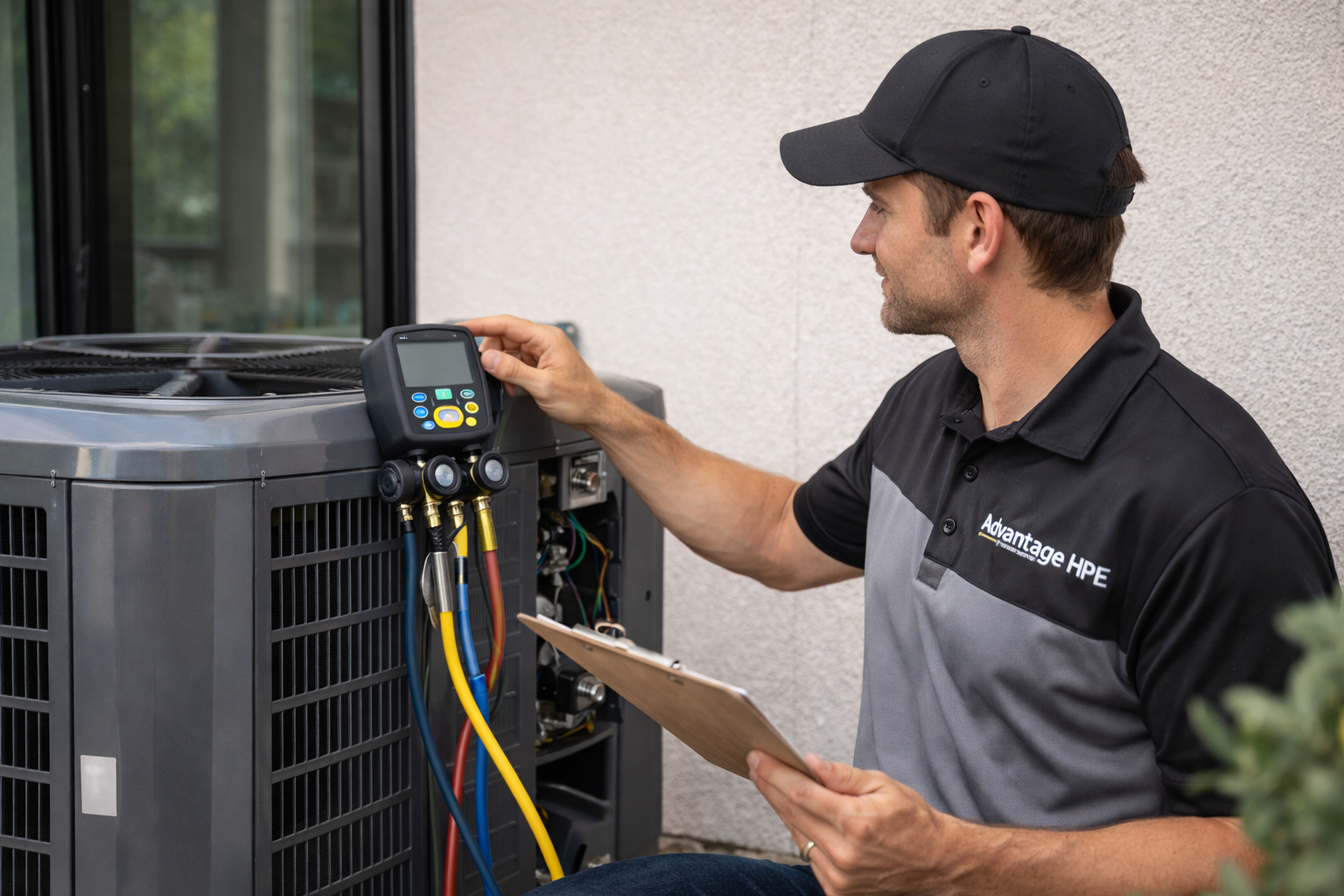 Advantage HVAC, Plumbing, and Electrical Technician performing Spring Maintenance on a residential HVAC system Advantage HVAC, Plumbing, and Electrical Technician performing Spring Maintenance on a residential HVAC system