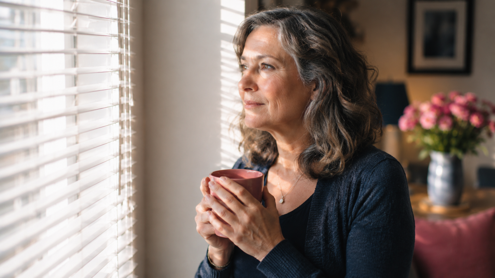 Woman sitting quietly at a window with light coming through