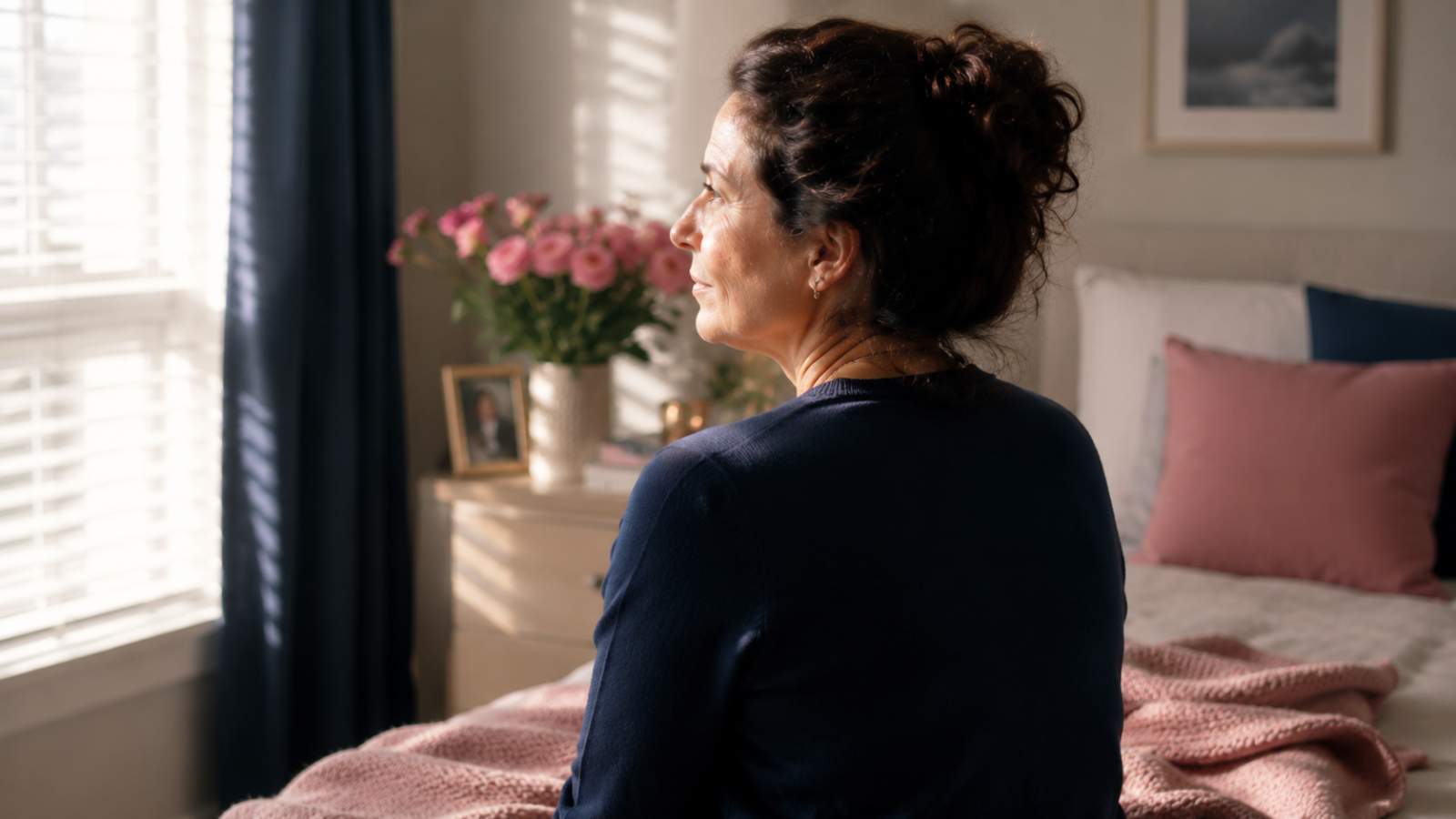 Woman sitting on a bed looking toward the light through the window
