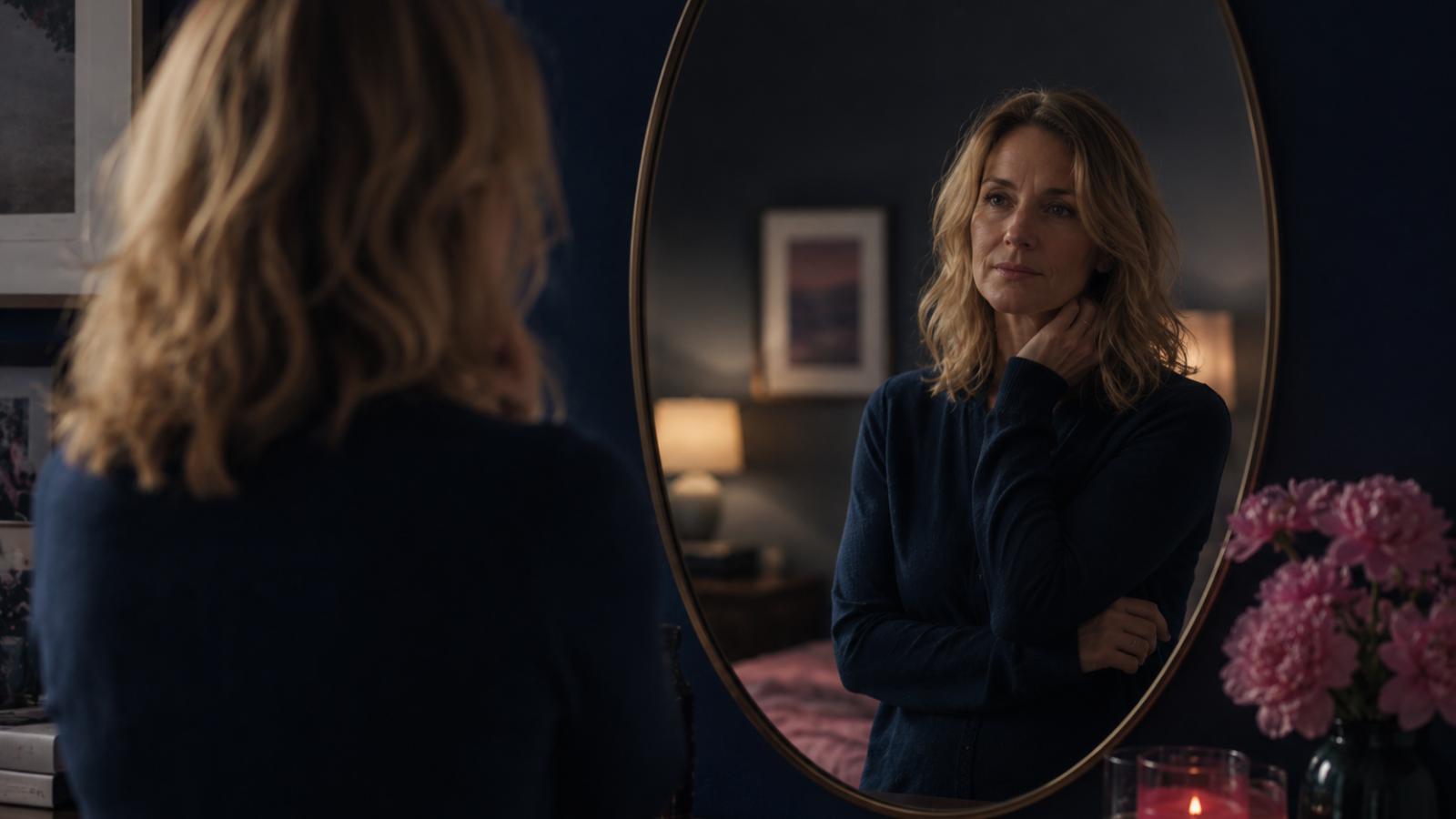 Woman looking in a mirror, questioning her identity