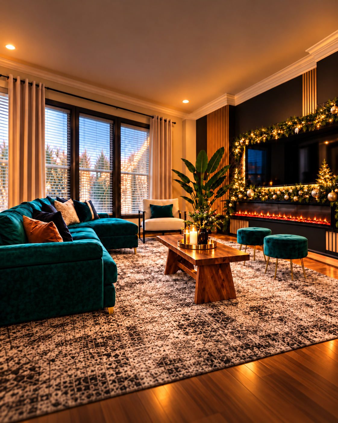 Warm living room of the retreat home featuring emerald green velvet sectional, wooden coffee table, fireplace, and warm holiday lights