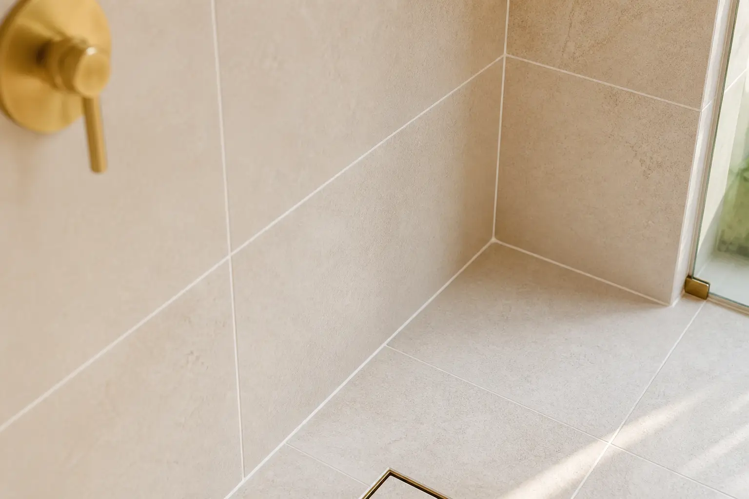 Fresh precise grout lines in a warm tiled shower