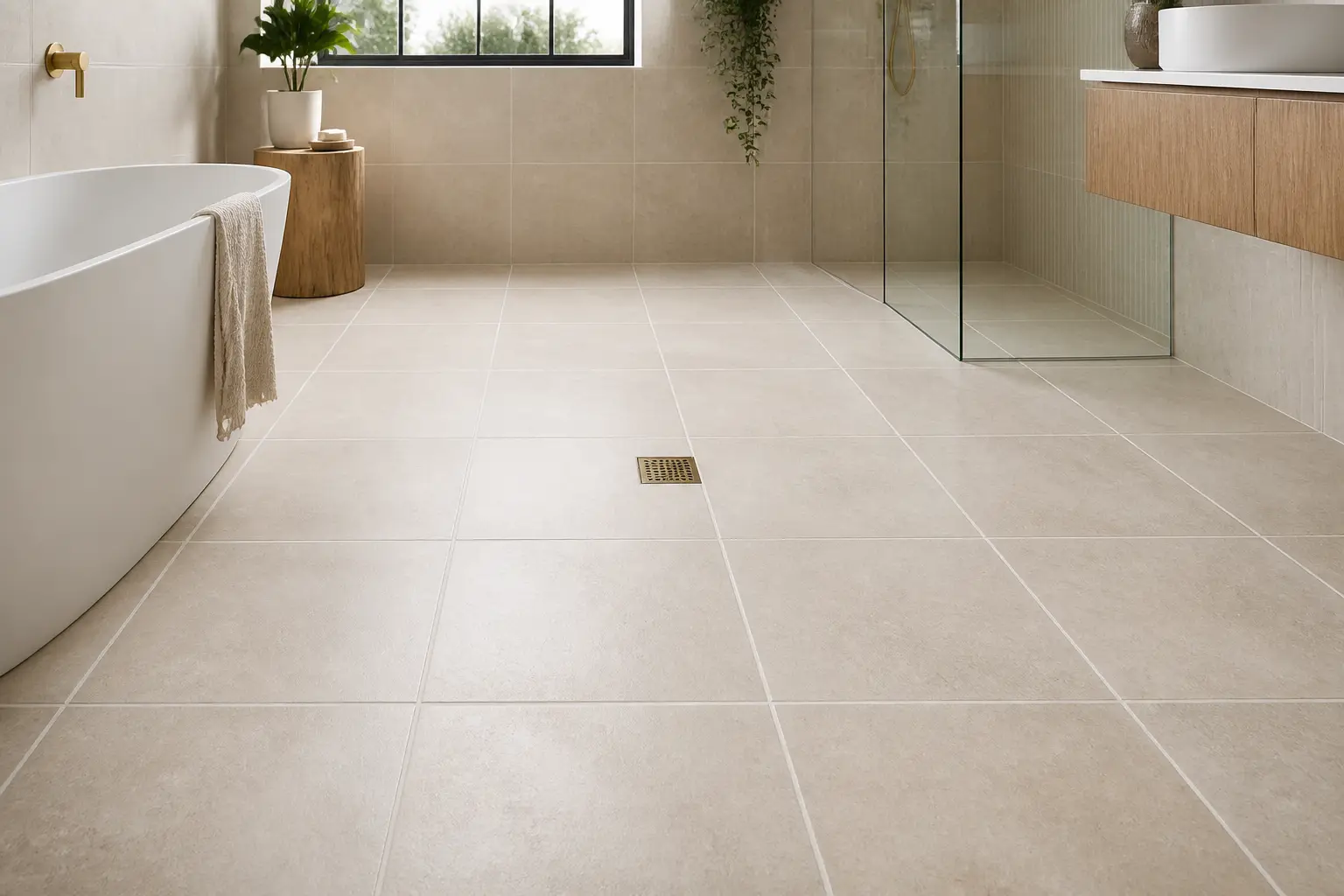 Freshly cleaned and sealed warm stone-look bathroom tiles