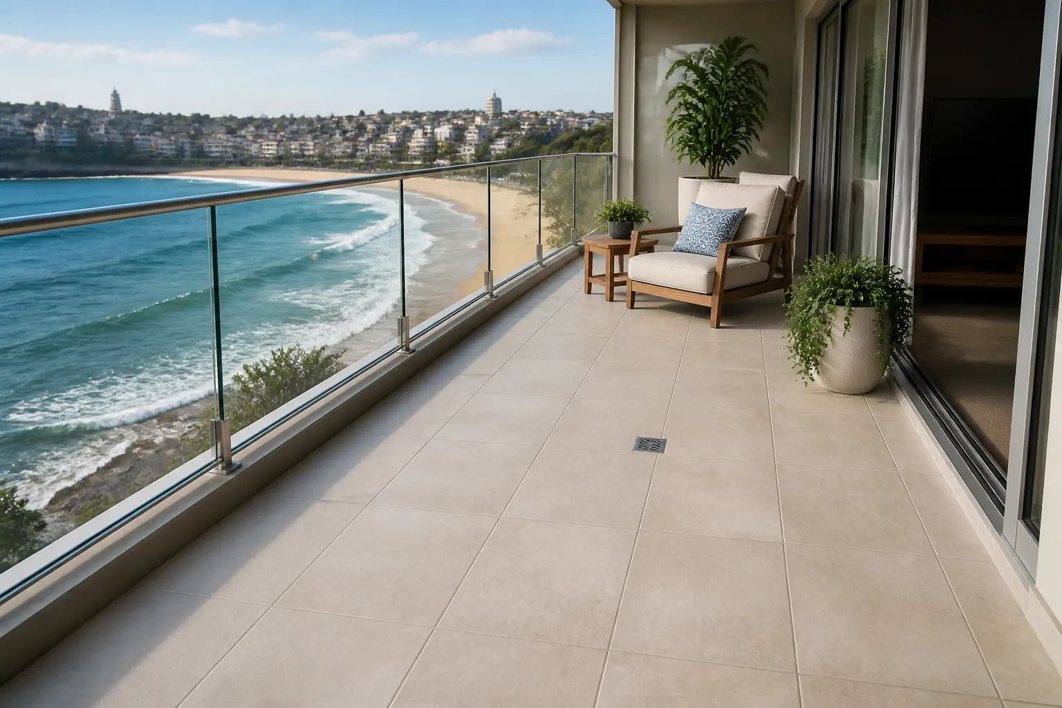 Sealed tiled coastal balcony with clear drainage and ocean outlook