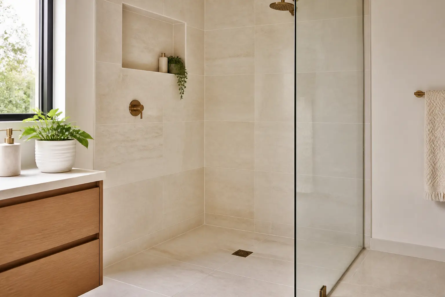 Professionally restored tiled shower with clean grout and watertight seals