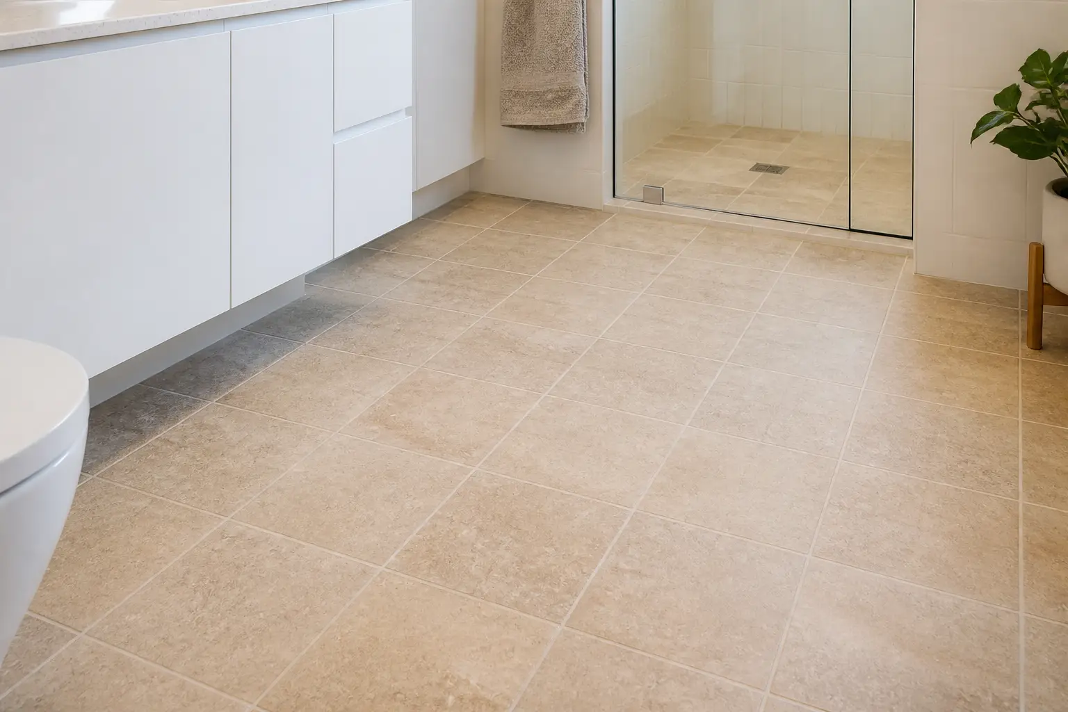 Example freshly cleaned and sealed warm stone-look bathroom tiles