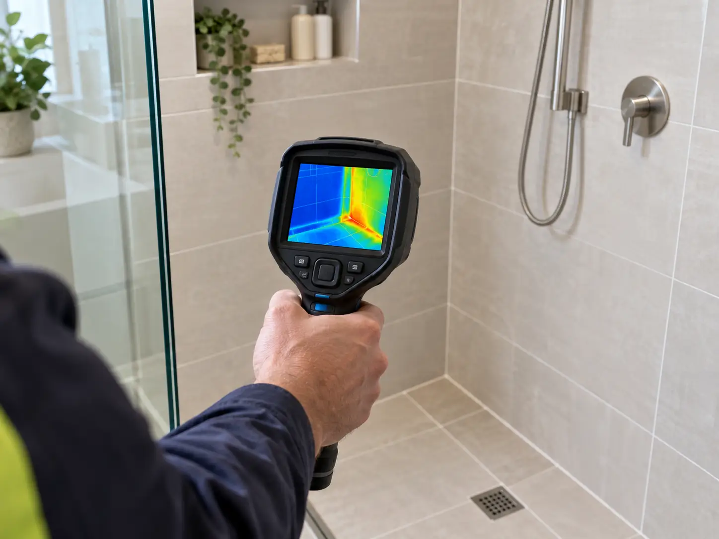 Active thermal imaging camera showing a tiled shower wall during leak detection