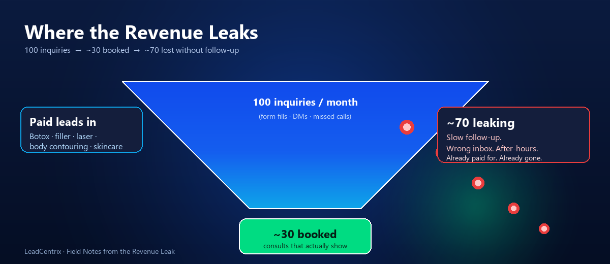 Where the revenue actually leaks in a med spa funnel — missed calls, abandoned form fills, no-shows, unanswered DMs