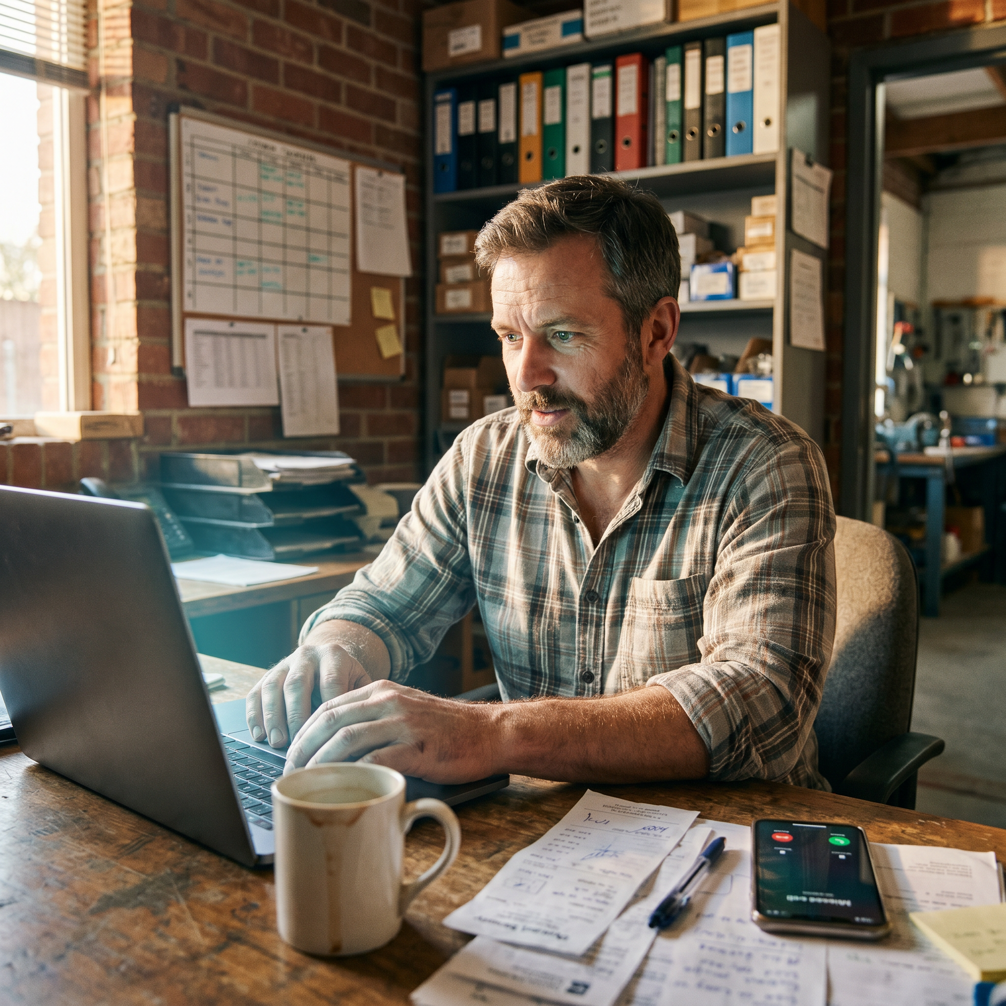 Small business owner working on a laptop in a busy back-office, with a missed call visible on his phone screen, coffee mug, handwritten notes, and shelves of files in the background.
