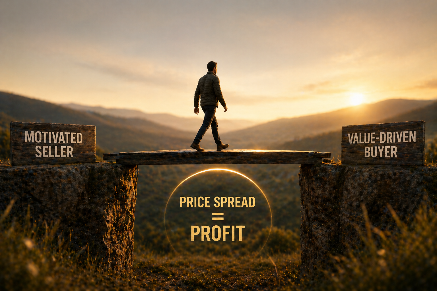 Land flipping concept image showing a bridge between seller and buyer with price spread profit strategy, illustrating how investors make money flipping land.