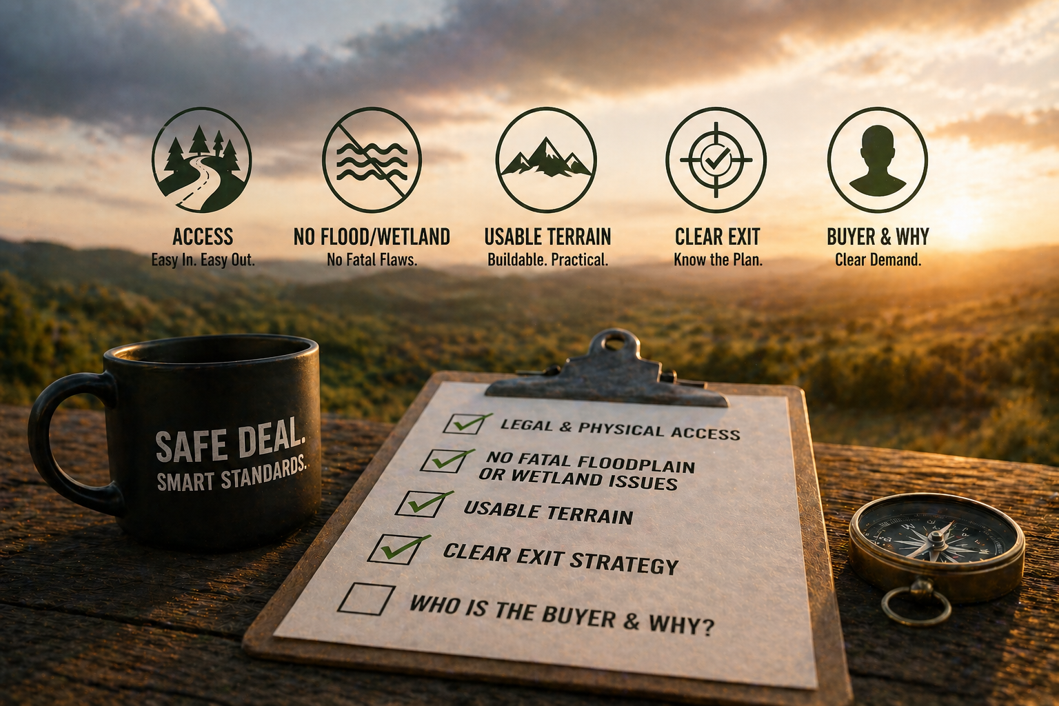 Land investing checklist for safe deals featuring access, floodplain risk, usable terrain, and exit strategy, illustrating how to evaluate land flipping opportunities.