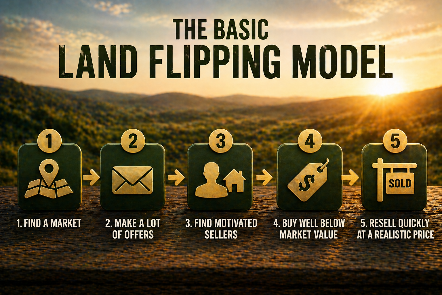 Land flipping model diagram showing step-by-step process to find a market, make offers, identify motivated sellers, buy land below market value, and resell for profit.