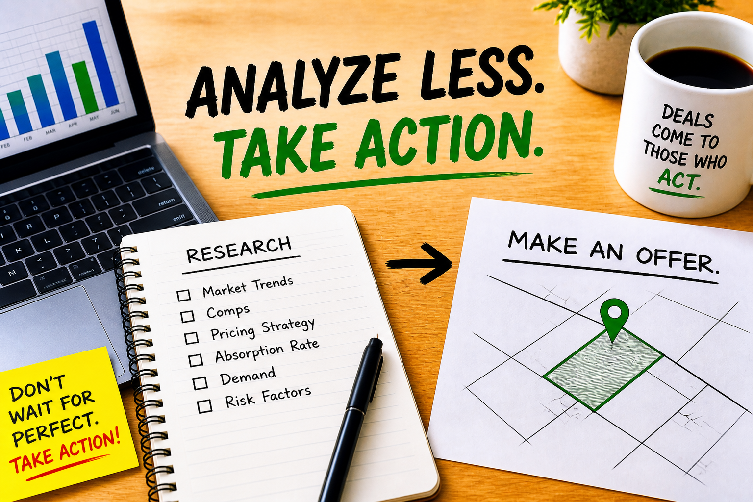 Land flipping due diligence concept showing research checklist and making an offer for land investing success
